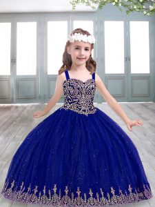 Royal Blue Straps Neckline Beading Pageant Dress Womens Sleeveless Lace Up