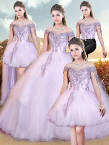 Pretty Off The Shoulder Sleeveless Lace Up Beading and Appliques Ball Gown Prom Dress in Lavender