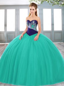 Turquoise Quince Ball Gowns Military Ball and Sweet 16 and Quinceanera with Embroidery Sweetheart Sleeveless Lace Up