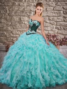 Organza Sleeveless Quinceanera Gowns Sweep Train and Embroidery and Ruffles