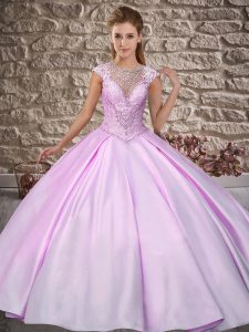 Spectacular Satin Scoop Cap Sleeves Sweep Train Lace Up Beading Quince Ball Gowns in Lavender