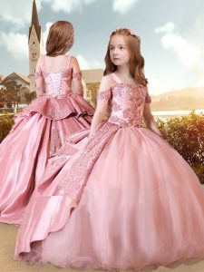 Straps 3 4 Length Sleeve Sweep Train Lace Up Little Girls Pageant Dress Pink Satin