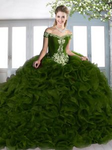 Vintage Olive Green Quinceanera Gowns Military Ball and Sweet 16 and Quinceanera with Beading and Appliques and Ruffles 