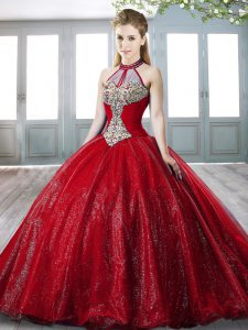 Red Ball Gowns Halter Top Sleeveless Organza Sweep Train Lace Up Beading Quinceanera Gowns