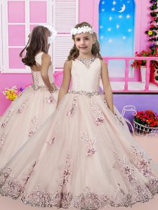 Elegant Champagne Lace Up Kids Pageant Dress Beading and Appliques Sleeveless Floor Length