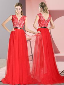 Sumptuous Zipper Dress for Prom Red for Prom and Party with Beading and Lace Sweep Train