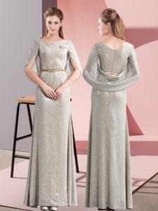 Grey Half Sleeves Belt Floor Length Prom Gown