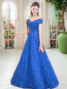 Dazzling Sleeveless Floor Length Beading Lace Up Prom Dresses with Blue