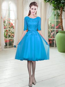 Scoop Half Sleeves Lace Up Evening Dress Blue Tulle