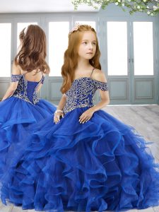Pretty Royal Blue Lace Up Off The Shoulder Ruffles Pageant Gowns For Girls Tulle Cap Sleeves Brush Train