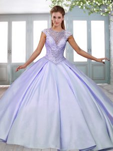 Glorious Beading and Appliques 15th Birthday Dress Lavender Lace Up Cap Sleeves Sweep Train