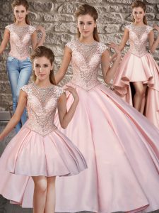 High Class Scoop Cap Sleeves Sweep Train Lace Up Quinceanera Dresses Pink Satin