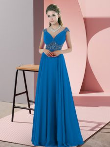Sweep Train Empire Prom Party Dress Blue V-neck Satin Sleeveless Backless