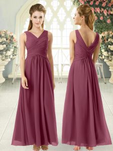 Burgundy Chiffon Zipper V-neck Sleeveless Ankle Length Prom Party Dress Ruching