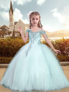 Tulle Off The Shoulder Short Sleeves Lace Up Beading and Appliques Custom Made Pageant Dress in Baby Blue