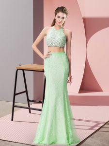 Ideal Floor Length Apple Green Prom Dresses Lace Sleeveless Beading and Lace