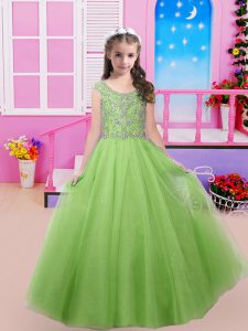 Scoop Cap Sleeves Tulle Winning Pageant Gowns Beading Lace Up