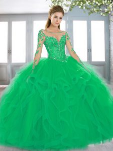 Colorful Tulle Long Sleeves Ball Gown Prom Dress Sweep Train and Beading and Lace