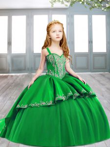 Green Satin Lace Up Pageant Dress Wholesale Sleeveless Sweep Train Embroidery