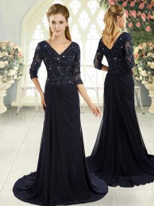 Luxurious Navy Blue Column/Sheath Beading and Lace and Appliques Zipper Chiffon Half Sleeves