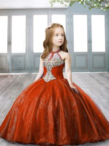 Red Ball Gowns Beading Pageant Dresses Lace Up Organza Sleeveless Floor Length