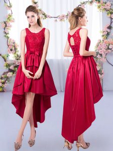 Red A-line Scoop Sleeveless Satin High Low Lace Up Appliques Damas Dress