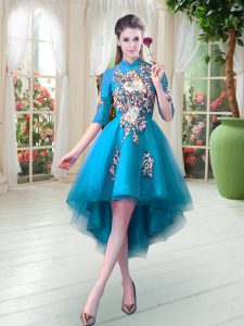 Classical Teal Half Sleeves High Low Appliques Zipper Homecoming Dress