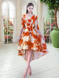 Deluxe Orange Red Lace Lace Up Scoop Half Sleeves High Low Evening Dress Belt