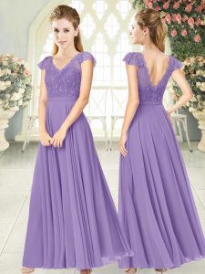 Lavender Empire V-neck Cap Sleeves Chiffon Ankle Length Zipper Lace Homecoming Dress