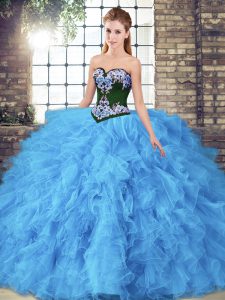 Decent Sleeveless Tulle Floor Length Lace Up Quinceanera Gown in Baby Blue with Beading and Embroidery