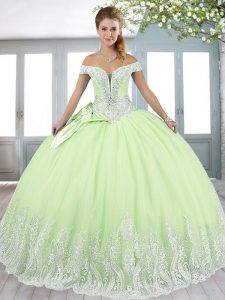 Beading and Appliques and Bowknot Quinceanera Dress Yellow Green Lace Up Sleeveless Floor Length