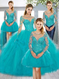 Teal Tulle Lace Up Scoop Long Sleeves Quinceanera Dress Sweep Train Beading