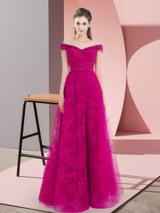 Fuchsia A-line Tulle Off The Shoulder Sleeveless Beading and Lace Floor Length Lace Up Prom Gown