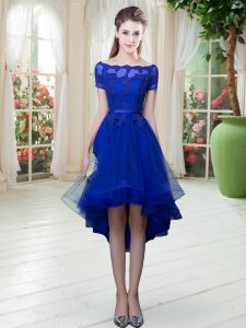 Sweet Royal Blue A-line Tulle Off The Shoulder Short Sleeves Appliques High Low Lace Up Prom Party Dress