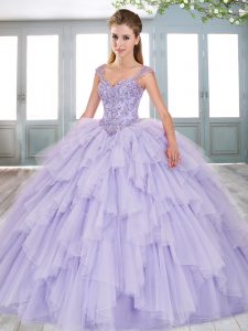 Customized Blue and Lavender Organza Lace Up Sweetheart Vestidos de Quinceanera Beading and Lace