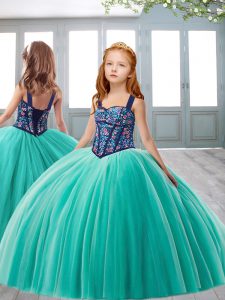 Gorgeous Turquoise Ball Gowns Straps Sleeveless Tulle Floor Length Lace Up Embroidery Little Girl Pageant Dress