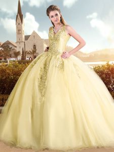 Straps Lace Up Quinceanera Dress Yellow Organza