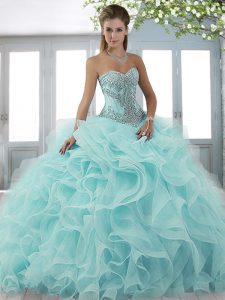 Lace Up Quince Ball Gowns Aqua Blue for Military Ball and Sweet 16 and Quinceanera with Beading Sweep Train