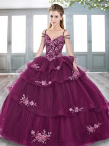 Burgundy Ball Gown Prom Dress Military Ball and Sweet 16 and Quinceanera with Embroidery Spaghetti Straps Sleeveless Lac