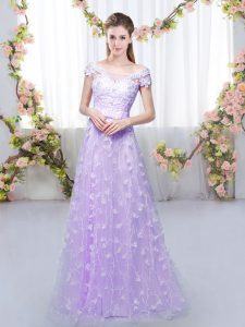 Spectacular Lavender Off The Shoulder Lace Up Appliques Quinceanera Court of Honor Dress Cap Sleeves