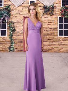 Luxurious Lilac Chiffon Backless Bridesmaid Dress Sleeveless Floor Length Ruching