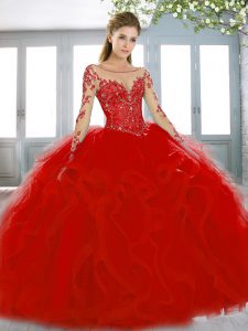 Red Ball Gowns Tulle Scoop Long Sleeves Beading and Lace Lace Up Ball Gown Prom Dress Sweep Train