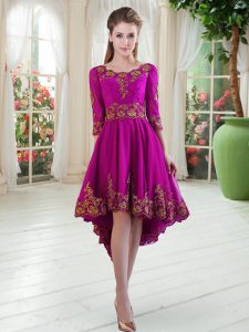 New Style Purple A-line Scoop Long Sleeves Tulle High Low Lace Up Embroidery Prom Dress