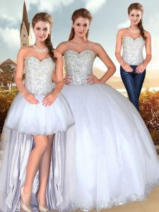 Artistic White Ball Gowns Sweetheart Sleeveless Organza Sweep Train Lace Up Beading Quinceanera Gown