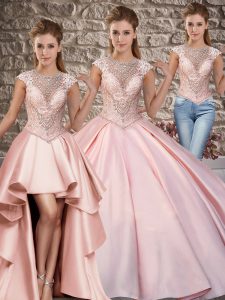 Pink Lace Up 15 Quinceanera Dress Beading Cap Sleeves Sweep Train