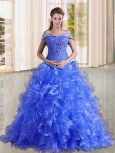 Vintage Sleeveless Beading and Lace and Ruffles Lace Up Quinceanera Gowns with Blue Sweep Train