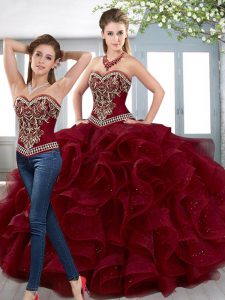 Superior Burgundy Sleeveless Floor Length Beading and Embroidery and Ruffles Lace Up Vestidos de Quinceanera