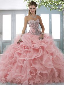 High Quality Sweetheart Sleeveless Sweep Train Lace Up Ball Gown Prom Dress Pink Organza
