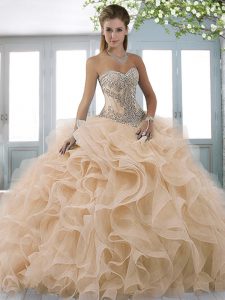 Champagne Ball Gowns Organza Sweetheart Sleeveless Beading Lace Up Quinceanera Gown Sweep Train