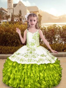 Embroidery and Ruffles Little Girls Pageant Dress Olive Green Lace Up Sleeveless Floor Length